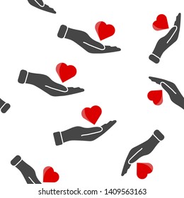Vector icon of a red hand holding a heart. Flat design of the hand and heart seamless pattern on a white background.