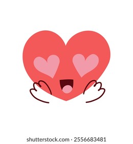 Vector icon of red happy heart character different emoji on white background. Romantic flat style Valentine's Day illustrations to express feelings of love .