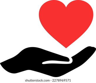 Vector icon of a red heart on the palm as a concept of love and care