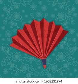 vector icon of red painted silk asian fan on a green background with sakura flowers, holiday hans, hanami eps 10, print for t-shirt, icon for web isolated on white