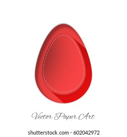 Vector icon of red paper Easter egg with stitching pattern, gray text on the red and white background.