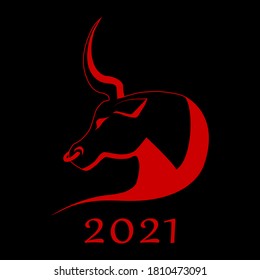 Icono vector de la silueta roja de un toro sobre un fondo negro. Año nuevo 2021.