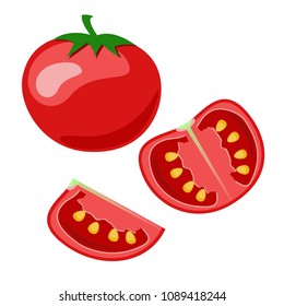 Vector icon of a red tomato isolated on white background. Flat design. A sketch of a tomato, half a tomato and a slice.