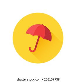Vector icon of red umbrella on yellow background. Rain protection symbol. Trendy flat design style with long shadow. Vector element for web design and infographics 