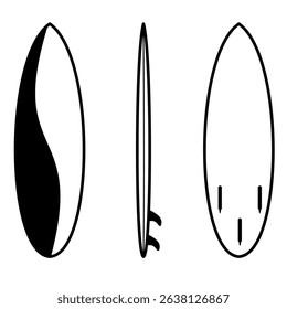 Vector Icon Red-blue surfboard with bold contrast tones,
visible from front, side, and back,
line art style