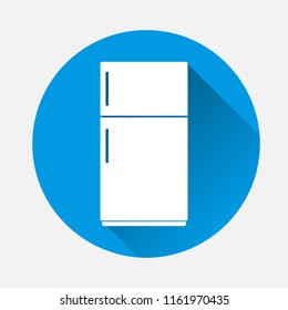 Vector icon of a refrigerator on blue background. Flat image home appliances with long shadow. Layers grouped for easy editing illustration. For your design.