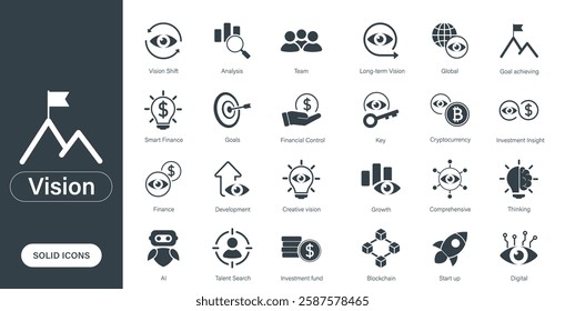 Vector icon related to business vision, finance, investment, and success mindset, rendered as a solid icon in a minimalist and light style.