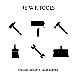 Vector icon with repair tools: hummer, wrench, paint roller, putty knife, nail puller.