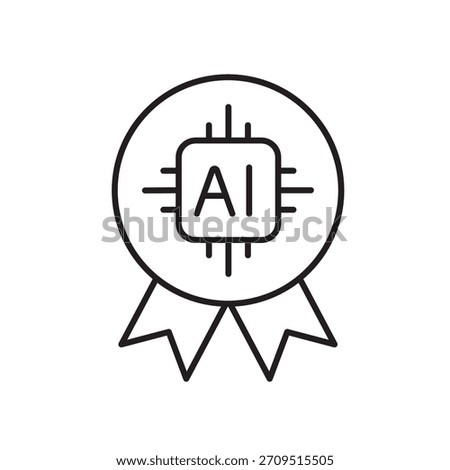 A vector icon representing AI certification with a round badge and ribbon, created in line style with editable stroke