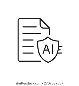 Un ícono de Vector que representa la conformidad regulatoria de la IA con un escudo y documentos seguros, creados en estilo de línea con trazo editable