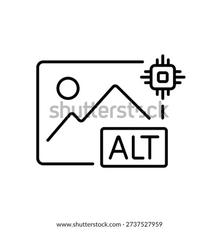A vector icon representing AI-generated alt text for images, showing a landscape with ALT label and AI chip, created in line style with editable stroke