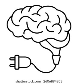 Vector Icon Representing Brain Charging Depicted With a Power Plug and Cord on a White Background