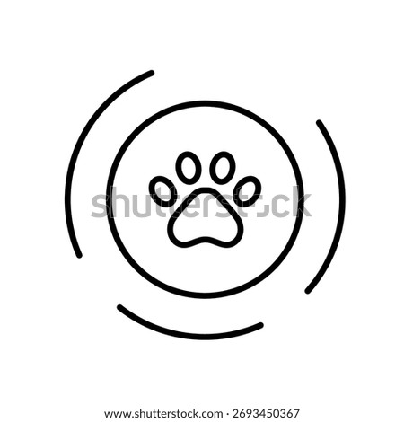 A vector icon representing calming therapy or stress-relief solutions for pets, illustrated by a paw in a vibration-like circle, created in line style with editable stroke