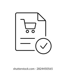 A vector icon representing confirmed orders, purchase approval, and completed verification, created in line style with editable stroke.