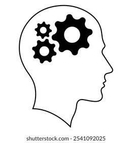 Vector icon representing Critical thinking and intelligent problem solving skills. Gears cogs in head. Human, man head silhouette. Symbol for apps and websites.