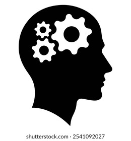 Vector icon representing Critical thinking and intelligent problem solving skills. Gears cogs in head. Human, man head silhouette. Symbol for apps and websites.