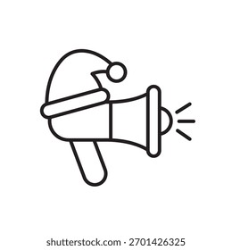 A vector icon representing a festive holiday announcement with a megaphone and Santa hat, created in line style with editable stroke