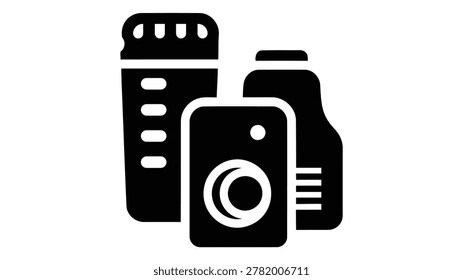 A vector icon representing film prop replicas or movie media, featuring silhouettes of a camera, film canister, and a bottle, symbolizing film production and memorabilia.