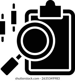 Ícone de vetor que representa uma revisão e análise detalhadas das informações contidas em um relatório ou documento de conceito de uma auditoria, inspeção, análise de relatório ou avaliação.