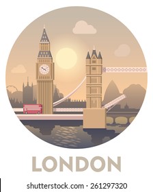 Vector icon representing London  travel destinations and landmarks - Big Ben and Tower Bridge