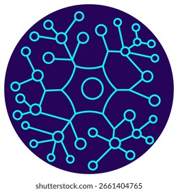 Ícone de vetor que representa uma rede neural e sistemas interconectados. Pictograma com linhas finas azuis sobre um fundo circular azul escuro. Possui um nó central com várias conexões ramificadas