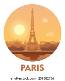 Vector icon representing Paris, France, as a travel destination with Eiffel tower, Triumphal Arch and cityscape