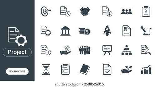 Vector icon representing projects, business management, goals, quality control, and growth, rendered as a solid icon in a minimalist and lightweight style.