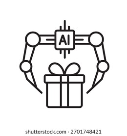Un ícono de Vector que representa un sistema robótico de envoltura de regalos impulsado por IA, creado en estilo de línea con trazo editable