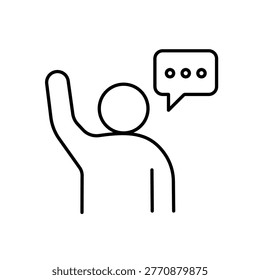 A vector icon representing safe to speak up with person raising hand and speech bubble, created in line style with editable stroke