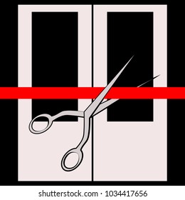 Vector icon representing scissors cutting red ribbon, opening a shop, cafe, club.