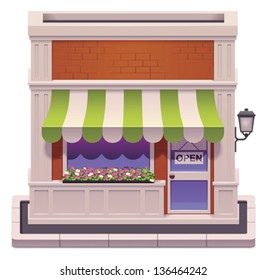 Vector icon representing small shop building with awnings and flowers 