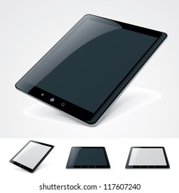 Vector icon representing tablet with empty white or black screen. Included tablet in horizontal and vertical orientations and perspectives 