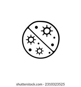 A vector icon representing a virus, featuring a simplified visual depiction of a spherical shape with spikes or irregular forms. Vector black line icon