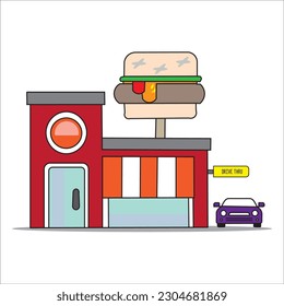 
Vector icon of restaurant showing a big burger and car with drive thru sign.  
Suitable design for creative arts, logo, template design, brochure.
