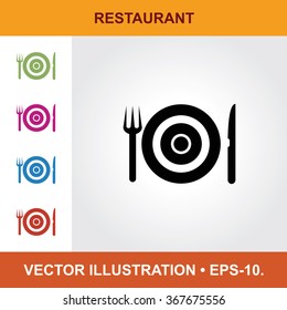 Vector Icon Of Restaurant With Title & Small Multicolored Icons. Eps-10.