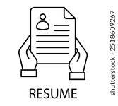 Vector icon for resume submission. A hand holding a resume, representing job applications, personal profiles, and career documents in monoline style.