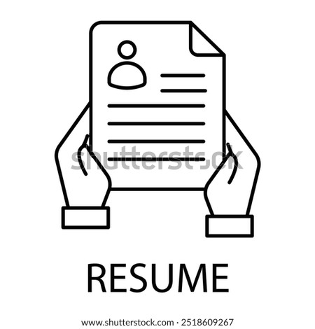 Vector icon for resume submission. A hand holding a resume, representing job applications, personal profiles, and career documents in monoline style.