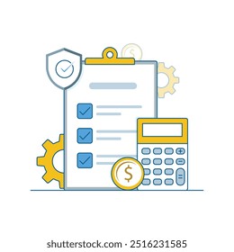 Ícone de vetor para cálculo do plano de aposentadoria. Possui uma lista de verificação, calculadora e moedas, simbolizando o planejamento financeiro, fundos de aposentadoria e gestão de poupança.