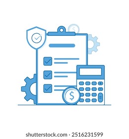 Ícone de vetor para plano de aposentadoria e estratégia de poupança. Inclui uma lista de verificação, uma calculadora e moedas que representam o planejamento do fundo de aposentadoria, o orçamento e a segurança financeira.