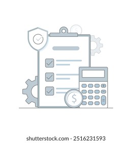 Ícone de vetor para poupança-reforma e planejamento financeiro. Possui uma lista de verificação, calculadora e moedas, simbolizando a estratégia de aposentadoria, orçamento e segurança financeira de longo prazo.