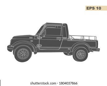 Vector icon of retro car pickup. Contour isolated on a white background. Retro car side view.