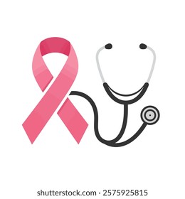 Vector icon: Ribbon with a stethoscope for cancer awareness