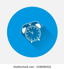 Vector icon ringing alarm clock on blue background. Flat image with long shadow.