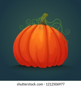 Vector icon. Ripe orange pumpkin with green stem and vines. Thanksgiving, harvest, halloween symbol.