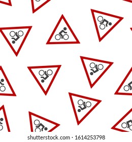 Vector icon road sign cyclist in red triangle. Sign caution cyclist  seamless pattern on a white background.
