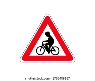 Vector icon road sign cyclist in red triangle. Sign caution cyclist on white isolated background. Layers grouped for easy editing illustration. For your design.