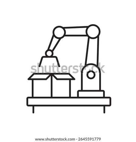 A vector icon of a robotic arm at a packing station with an AI chip, representing automated packing with artificial intelligence, created in line style with editable stroke