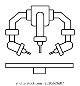 Icono de Vector para el ensamblaje de armas robóticas. Icono dibujado a mano que muestra brazos robóticos que ensamblan componentes para procesos de fabricación automatizados.