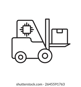 A vector icon of a robotic forklift with an AI chip, representing automated loading and unloading, created in line style with editable stroke