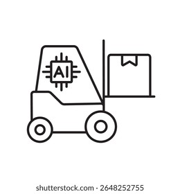 A vector icon of a robotic forklift carrying a package with an AI chip, representing automated warehouse operations using artificial intelligence, created in line style with editable stroke